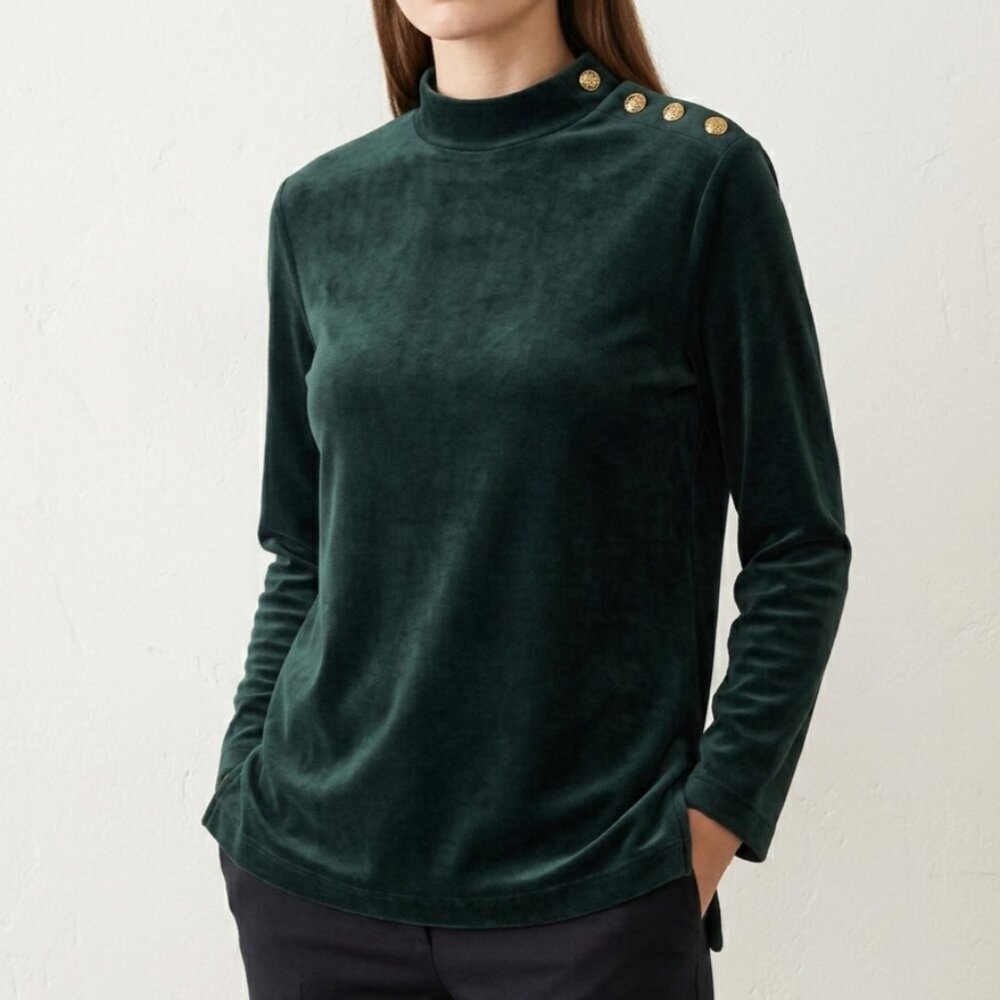 🇨🇦 NWT Sz M Eaton Forest Green Velour Women's Long Sleeve w/ Gold Buttons
